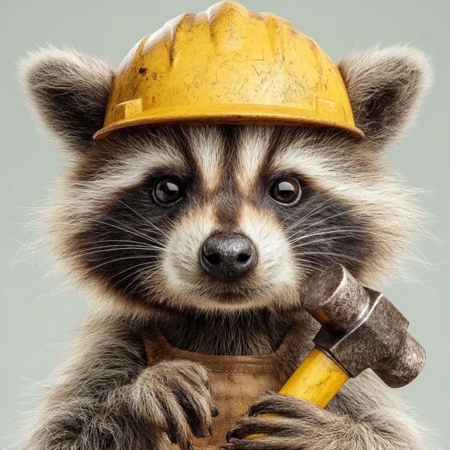 Photorealistic Raccoon in Hard Hat Holding Hammer