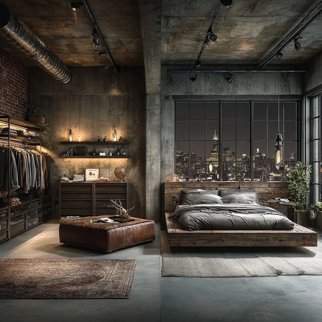 Modern Bedroom with City View and Industrial Style