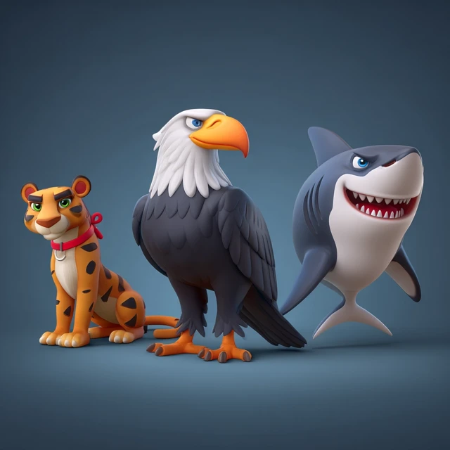 3D Cartoon Animals: Eagle, Panther, Shark