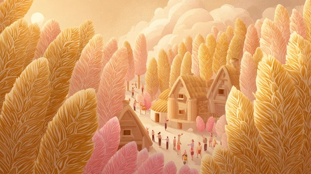 Utopian Village Cartoon Abundance and Peace