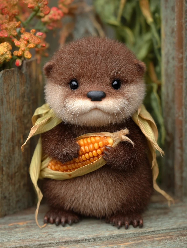 Cute Otter Pup with Corn Anime Style