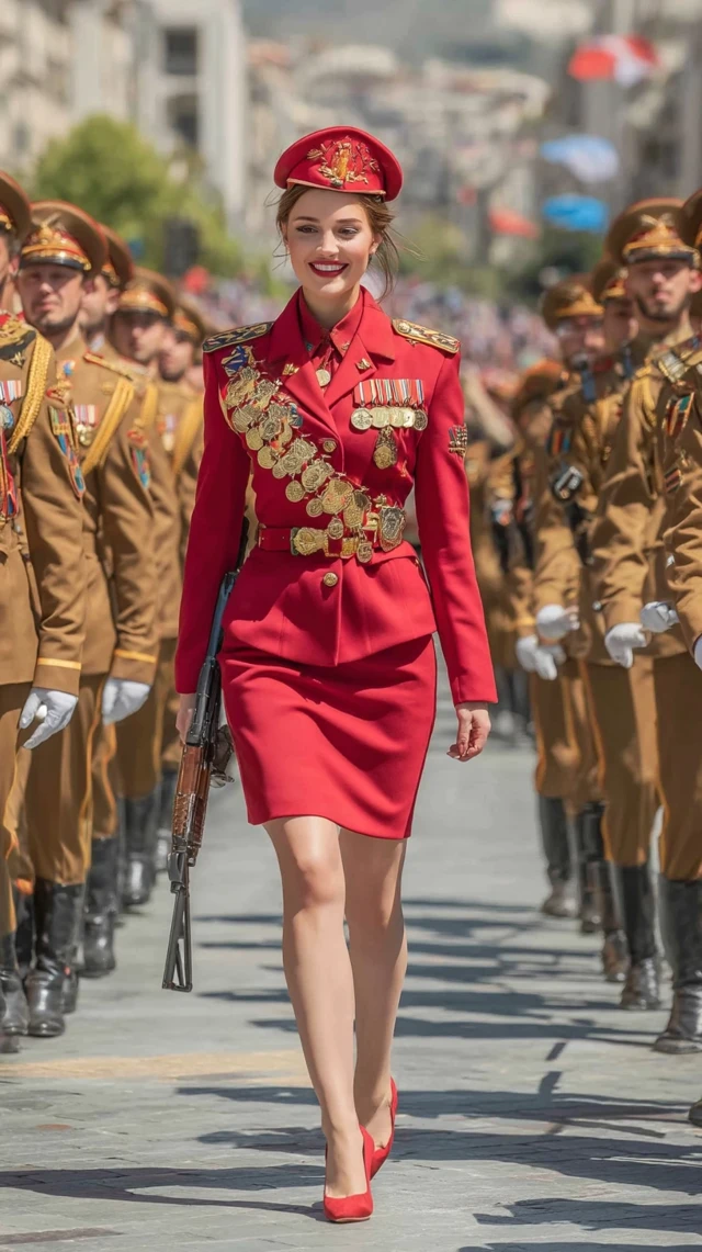Albanian Woman in Uniform with AR15 on Parade