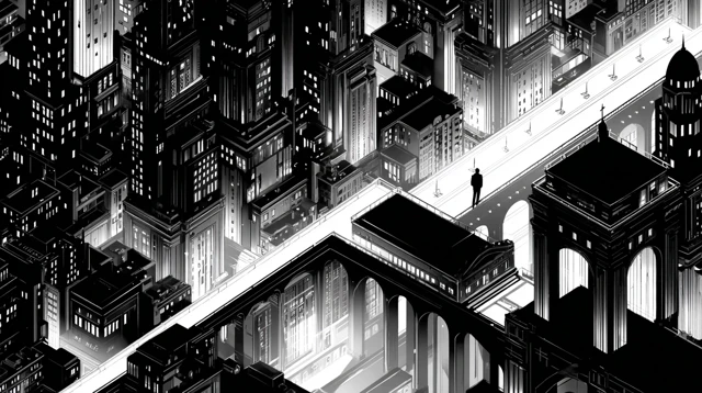 Noir Cityscape Illustration Man Observing Architecture