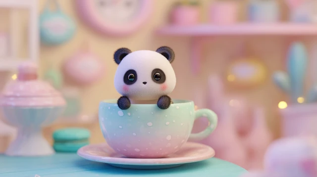 Kawaii 3D Panda in a Teacup Cute Cartoon Art