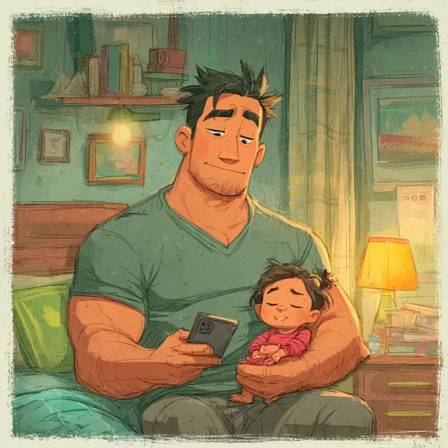 Strong Dad and Baby Cute Cartoon Illustration