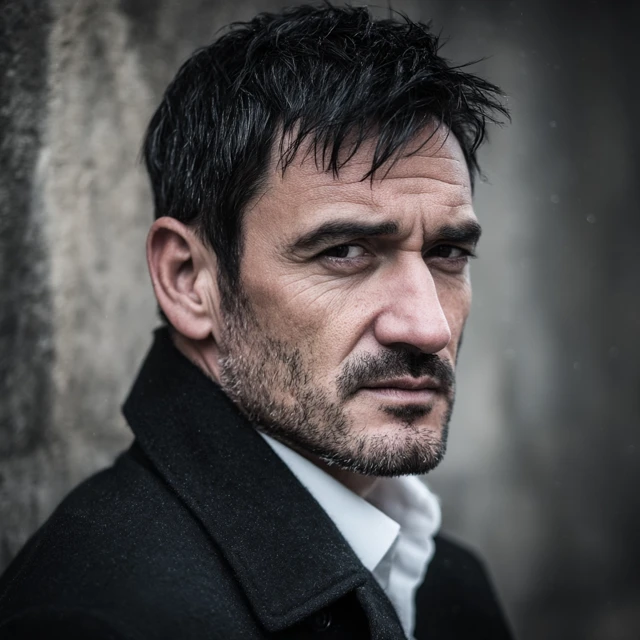 Brutal Man Portrait Dark Hair Stubble Coat