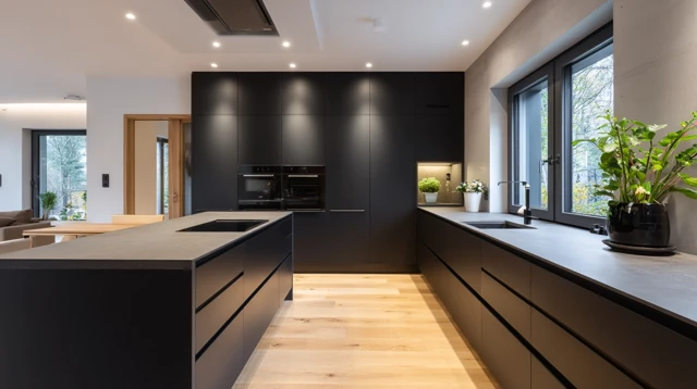 Modern Kitchen Design Black Cabinets Wooden Floor
