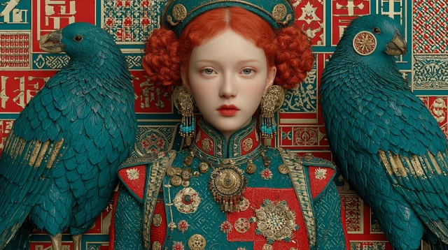 Red-haired Girl and Birds in Ancient China, McQueen Style