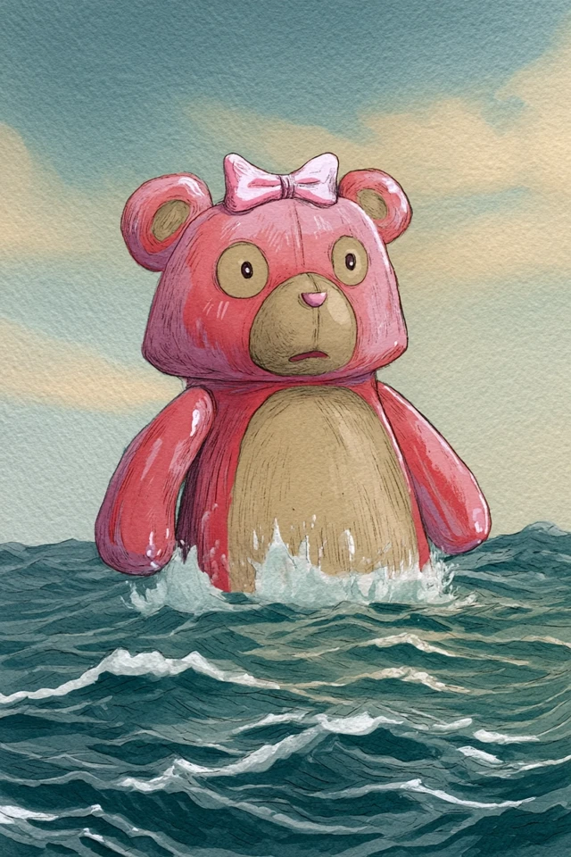 Worried Pink Teddy Bear in the Ocean Watercolor Art