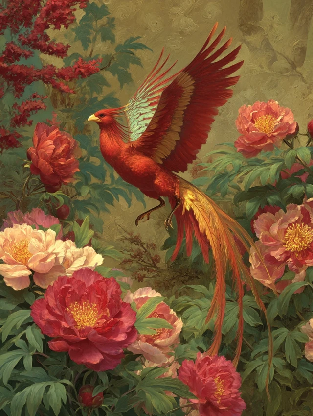 Majestic Phoenix Soaring Above Blooms