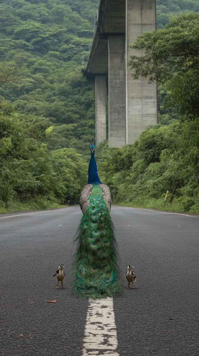 Peacock and Peachicks Roadside View Photography