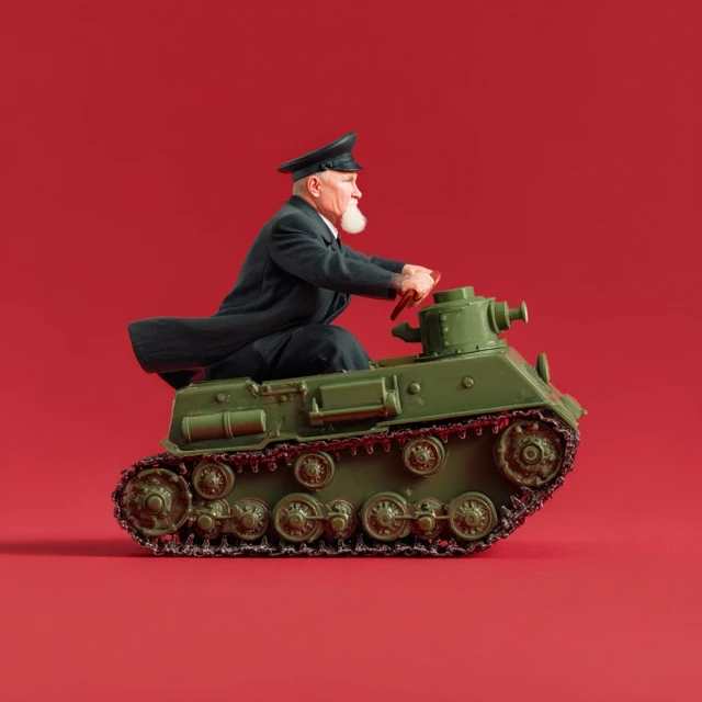 Russian Leader Driving Toy Tank Red Background
