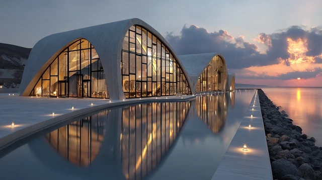 Futuristic Museum Design Glass Steel Sunset