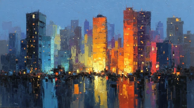 Bold Cityscape Painting: Palette Knife and Vibrant Lights
