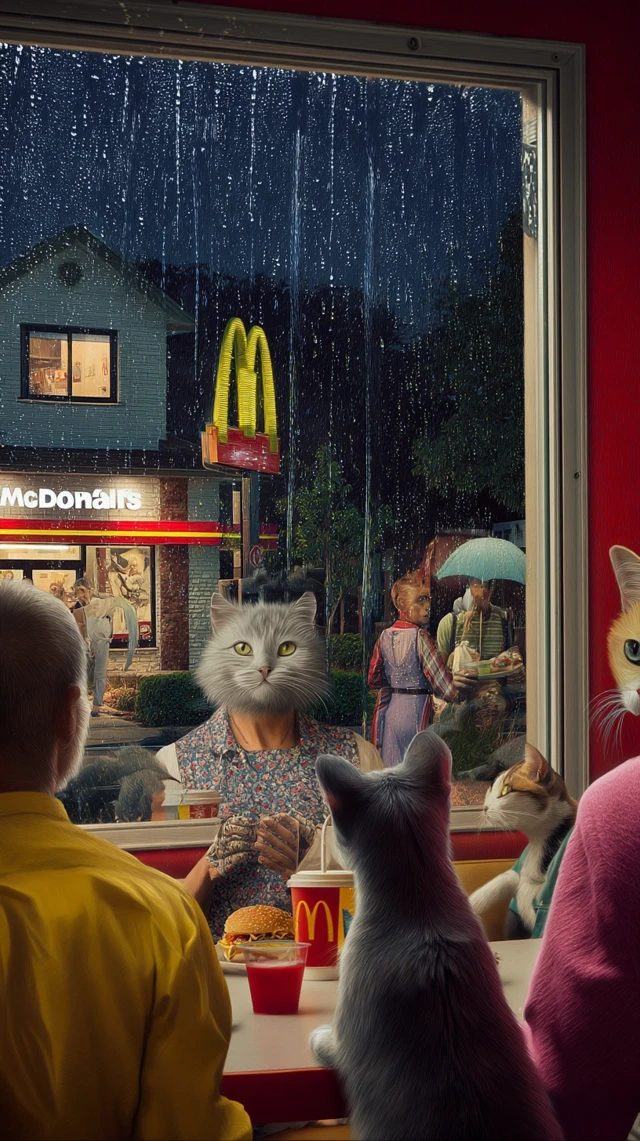 Anthropomorphic Cats at McDonalds Rain Scene
