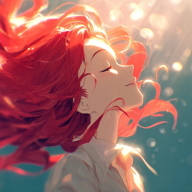 Anime Woman with Red Hair Peaceful Smile Illustration