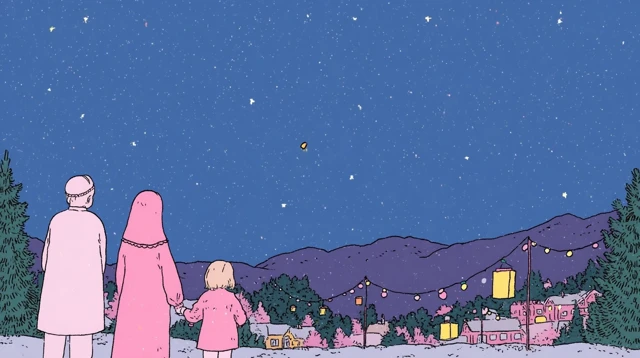 Muslim Family Eid Illustration Lanterns and Fairy Lights