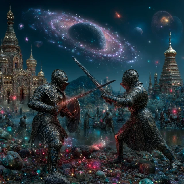 Knights in Armor Fighting Cosmic Scene Painting
