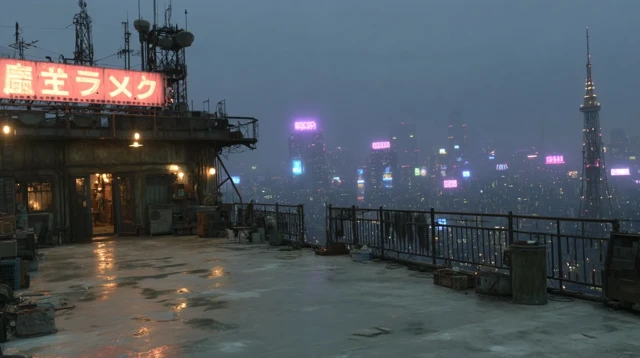 Cyberpunk Rooftop Dusk Cityscape