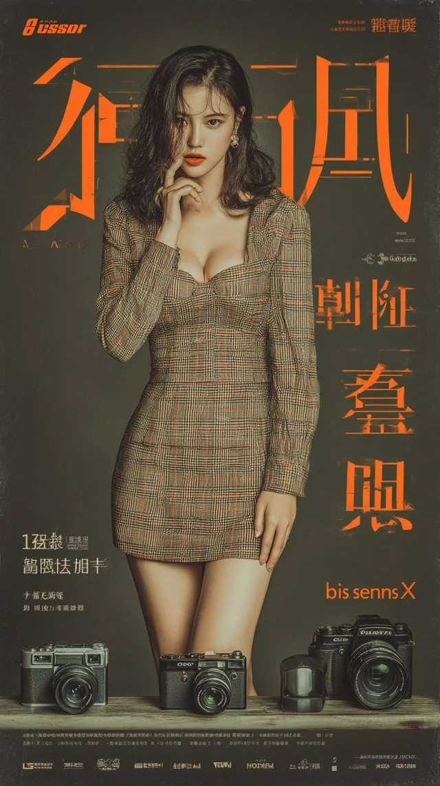 Vintage Poster Attractive Woman Camera Plaid Dress