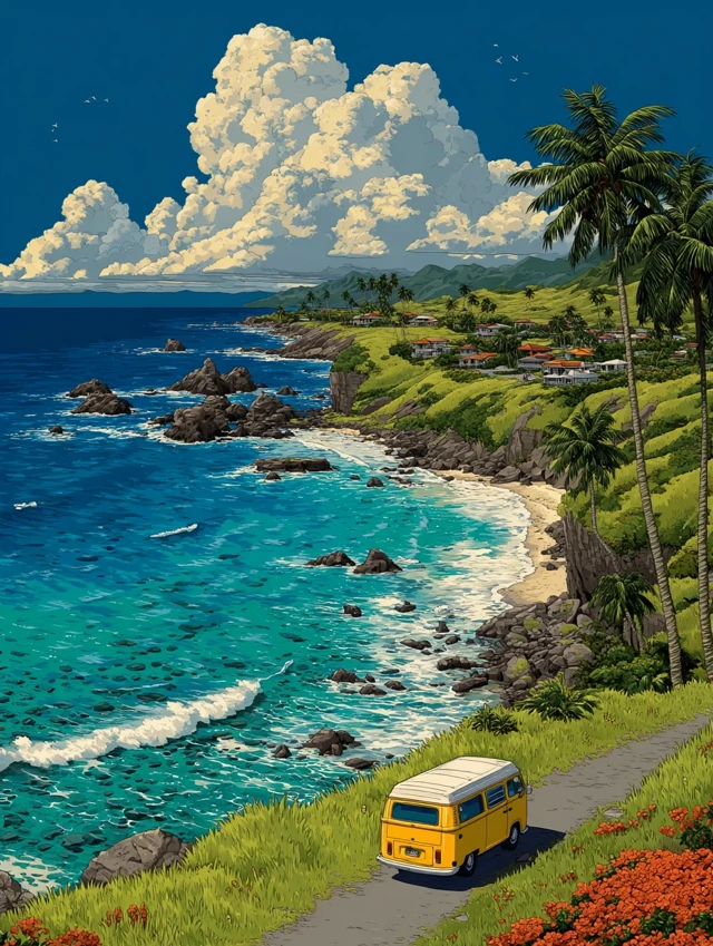 Hawaiian Coastline Yellow Van Illustration Art