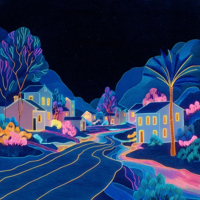 Neon Village Night Scene Tranquil Landscape