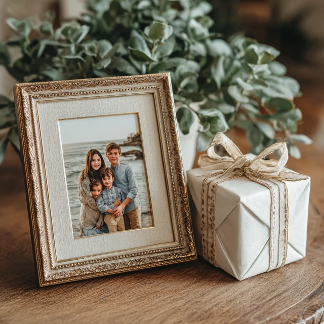 Family Photo in Gold Frame Gift Box Warm Lighting