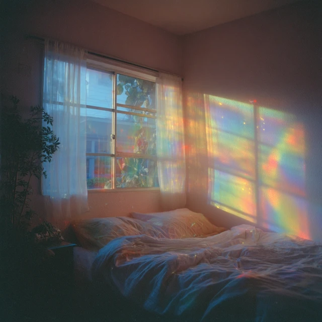 Dreamy Bedroom with Rainbow Light and Pastel Colors