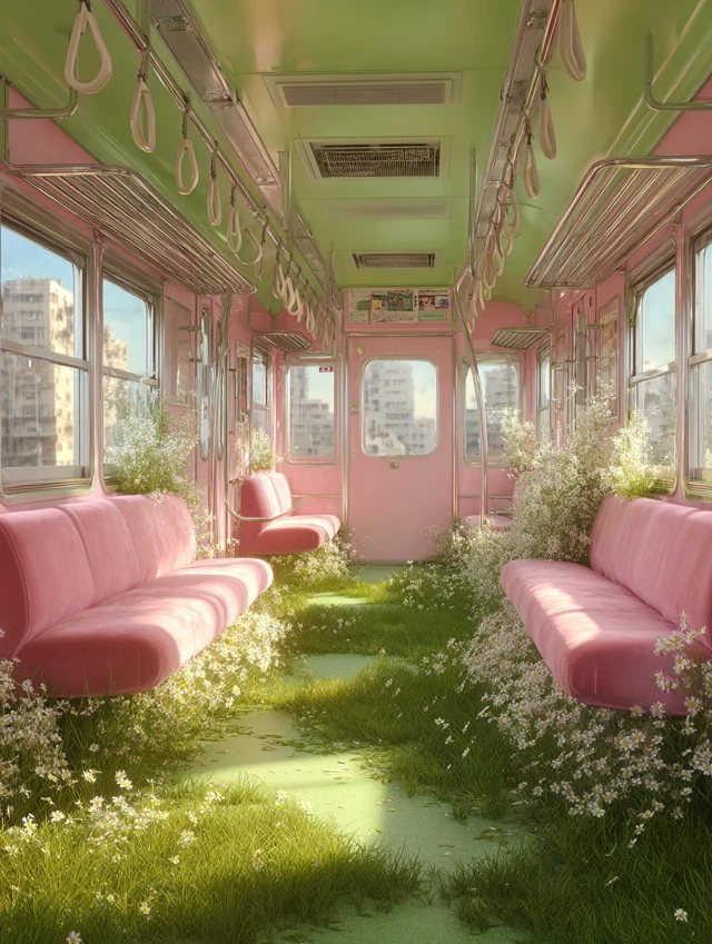 Dreamy Subway Train Interior Springtime Flowers