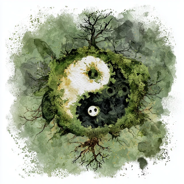 Eerie Yin Yang Watercolor Art with Chinese Ghost