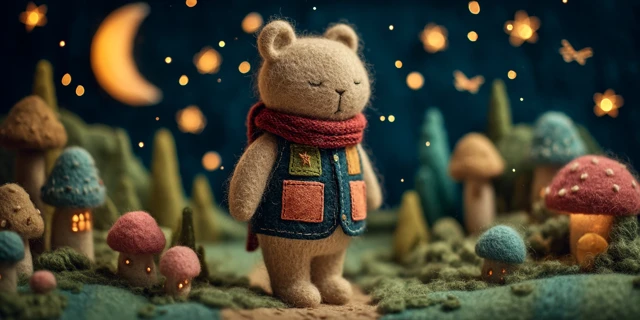 Benny the Felt Bear in a Moonlit Meadow Handmade Art