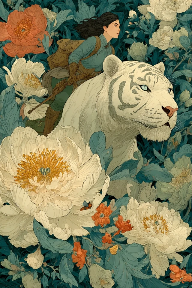 Woman on White Tiger Fantasy Illustration