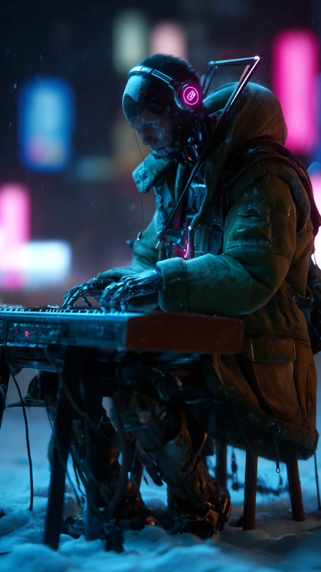 Cyberpunk Mozart Cyborg Plays in Snowy City