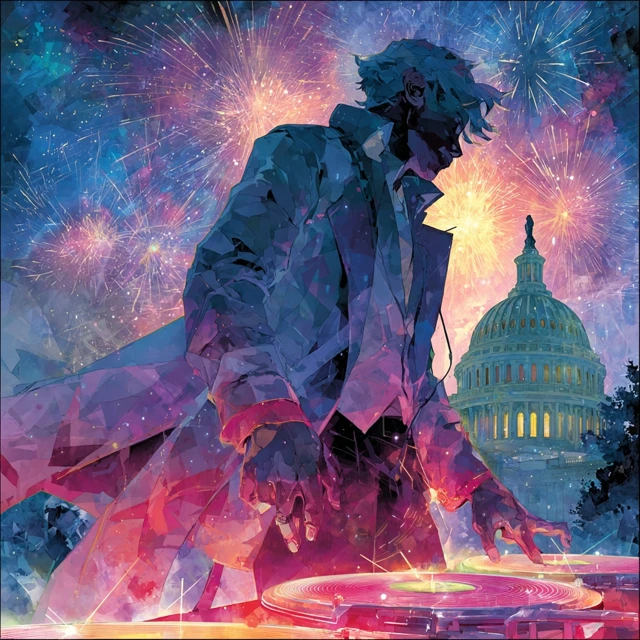 Patriotic DJ Spinning Vinyl with Fireworks Capitol