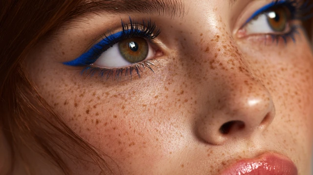 Freckled Model Electric Blue Eyeliner Beauty Closeup