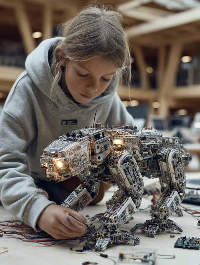 Young Girl Builds Robot In School Lab