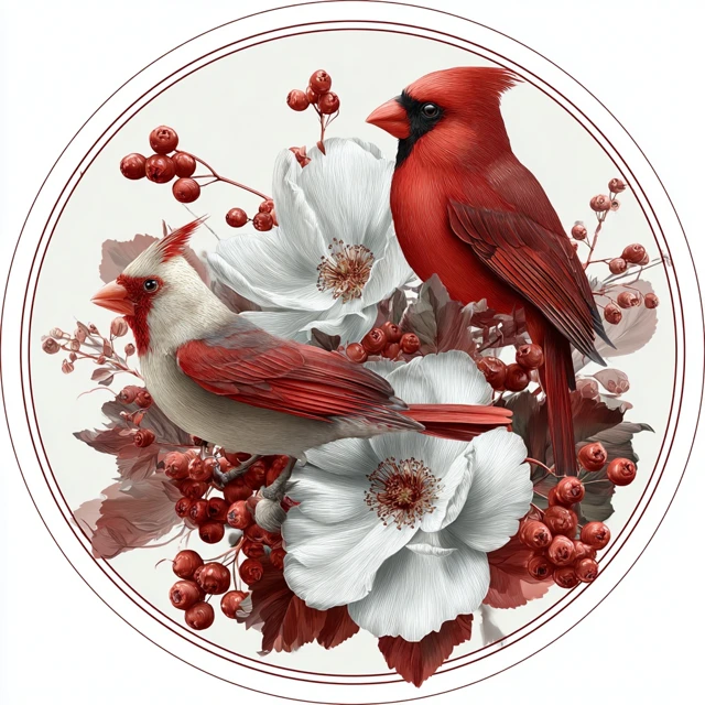 Red Cardinals Flowers Berries Clip Art Style