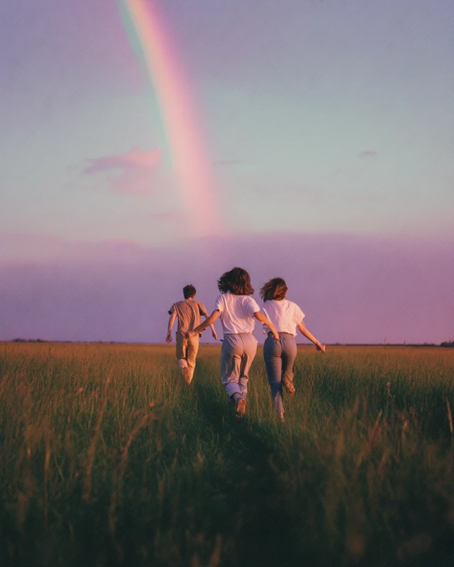 Friends Chasing Rainbow Across a Field