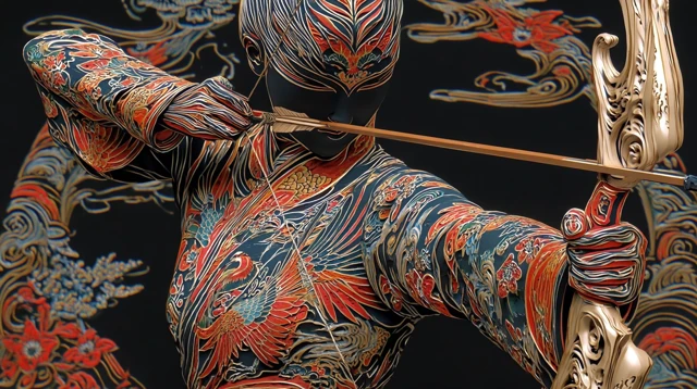 Japanese Archer Illustration: Phoenix Robe and Golden Bow