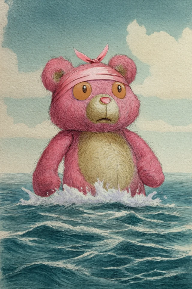 Worried Pink Teddy Bear in the Ocean Watercolor Art