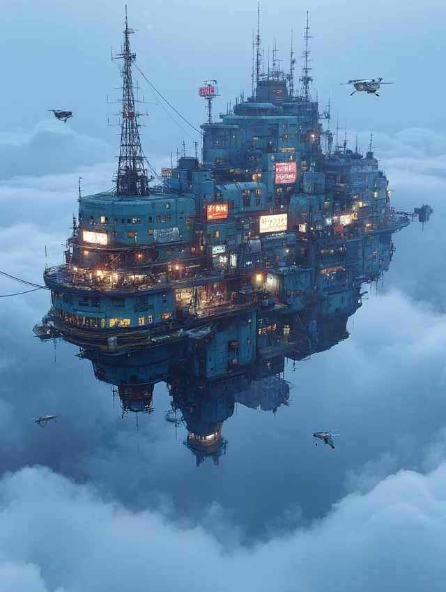 Cyberpunk City Floating Above Clouds