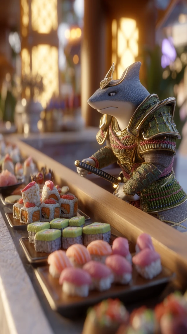 Cute Samurai Shark Sushi Chef Anime Illustration