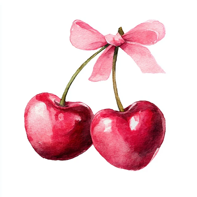Heart Shaped Cherries with Pink Bows Illustration