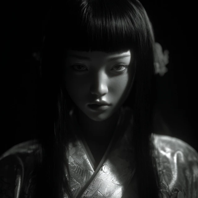 Japanese Doll Portrait Kimono Black Hair