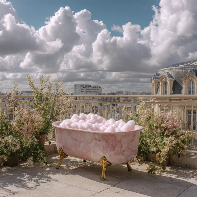 Pink Marble Bathtub in Paris Rooftop Garden
