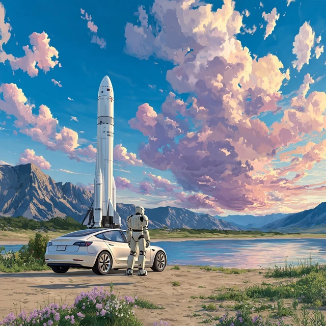 Futuristic Landscape Tesla Robot Sunset