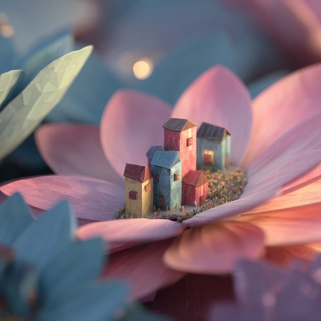 Low Poly Village on a Flower Petal 3D Art