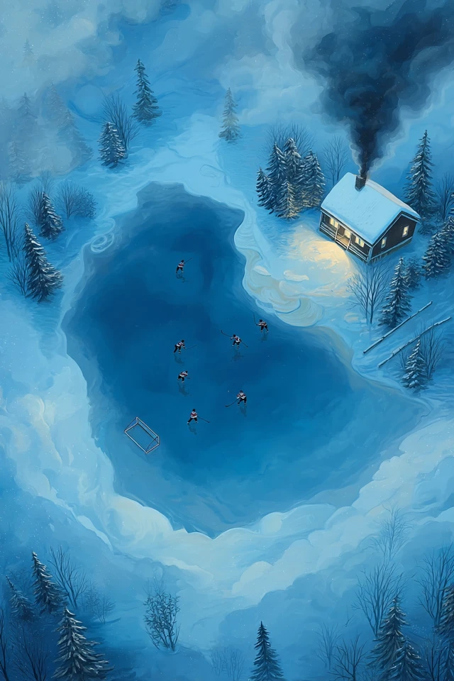 Winter Cabin Hockey Game Watercolour Painting