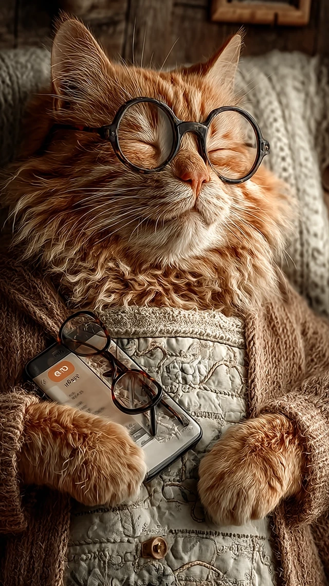 Orange Cat Relaxing with Glasses Cozy Bedroom Scene