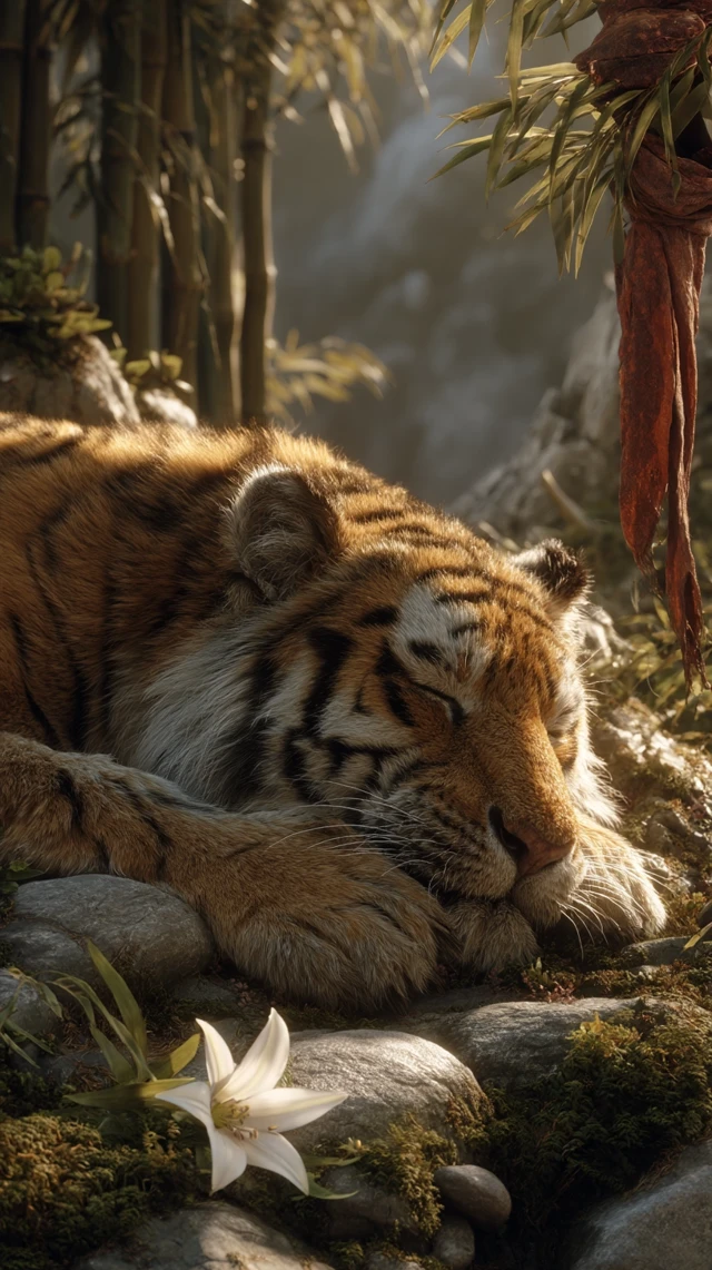 Majestic Siberian Tiger Sleeping in Bamboo Forest